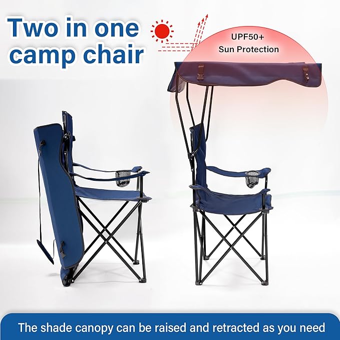 Folding Camping Chair with Canopy, Portable Outdoor Beach Chair for Fishing, BBQ, Picnic, Backyard, Lightweight Sun Shade Chair with Cup Holder, Navy Blue
