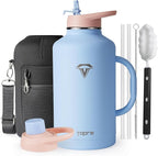 64 oz Insulated Water Bottle with Straw and Lid, Half Gallon Stainless Steel Cup with Handle,Leakproof Metal Travel Jug Flask Mug Tumbler Cup With Carry Pouch and Brush,Keep Cold & Hot,Blue