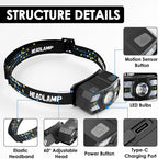 3 Pack Headlamp Rechargeable, 1200 Lumens LED Head Lamp with Red Light, Motion Sensor, 10 Modes, 60° Adjustable Head Lights for Forehead, IPX5 Waterproof Headlamps for Adults - Running,Camping,Hiking