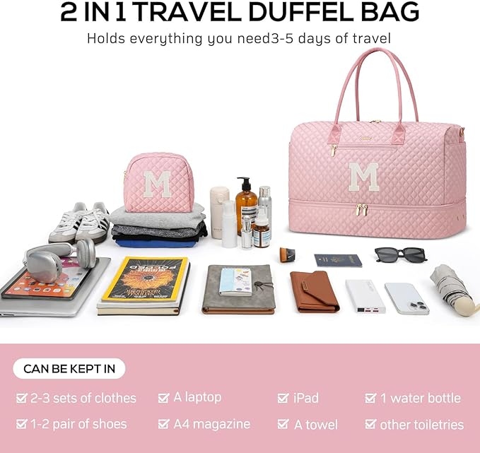 Letter Weekender Bags for Womens - Duffle Bag with Shoe Compartment Personalized Overnight Bag with Toiletry Bag Duffel Bags for Gym Hospital Bags Gift for Women Pink (Letter M)