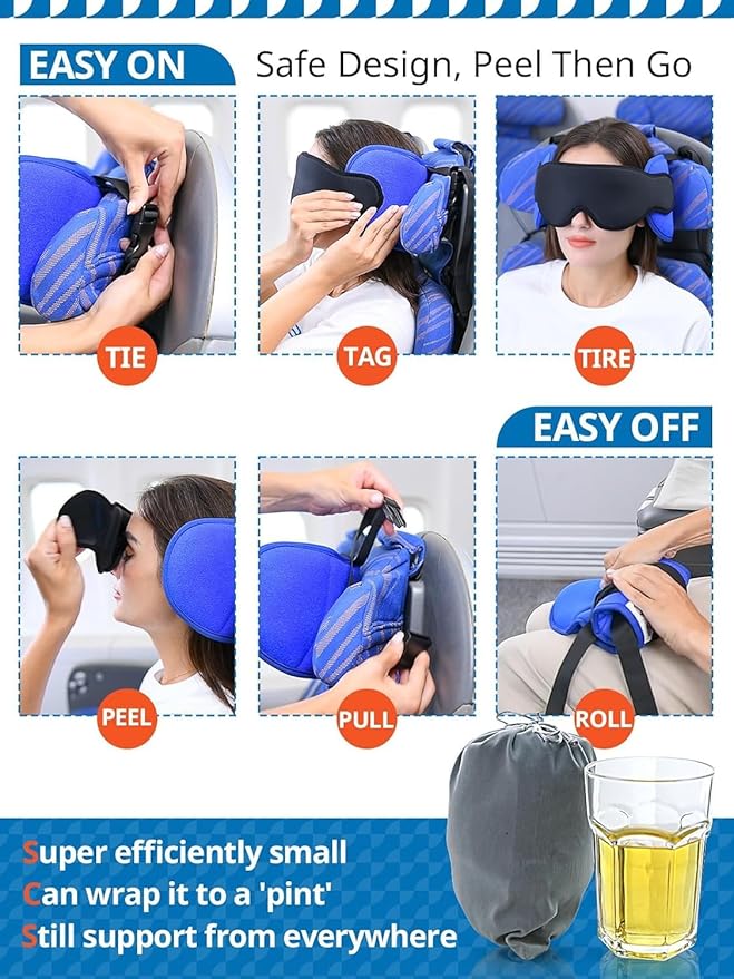 SARISUN Airplane Pillow Combo with Chin Strap, Travel Pillows for Airplanes with Sleep Eye Mask, Plane Pillow for Long Flights, Car Road Trip, 360° Headrest, Stop Bobblehead, Black