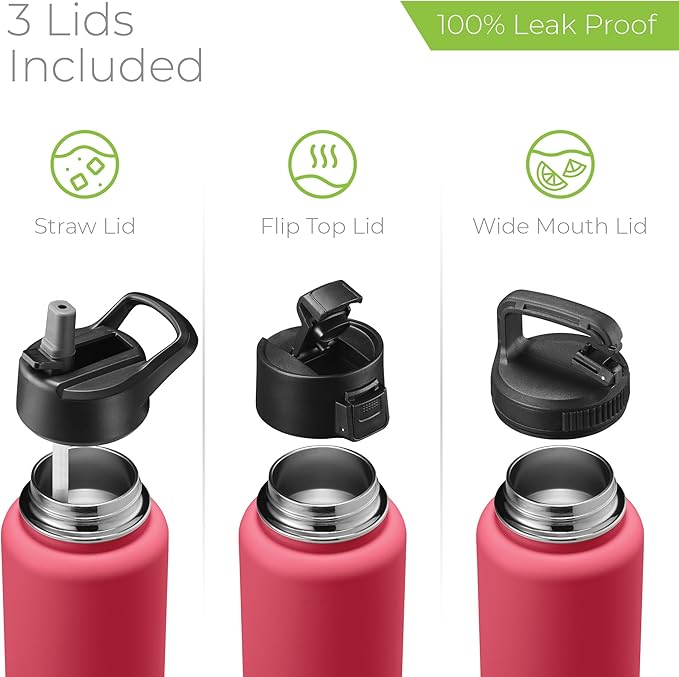 SipX™ Triple-Insulated Stainless Steel Water Bottle 40oz. With 3 Lids, BPA-Free Reusable Insulated Water Bottle Keeps Cold 24 Hours, Metal Water Bottle Made Of Sustainable Material For Hiking & Biking