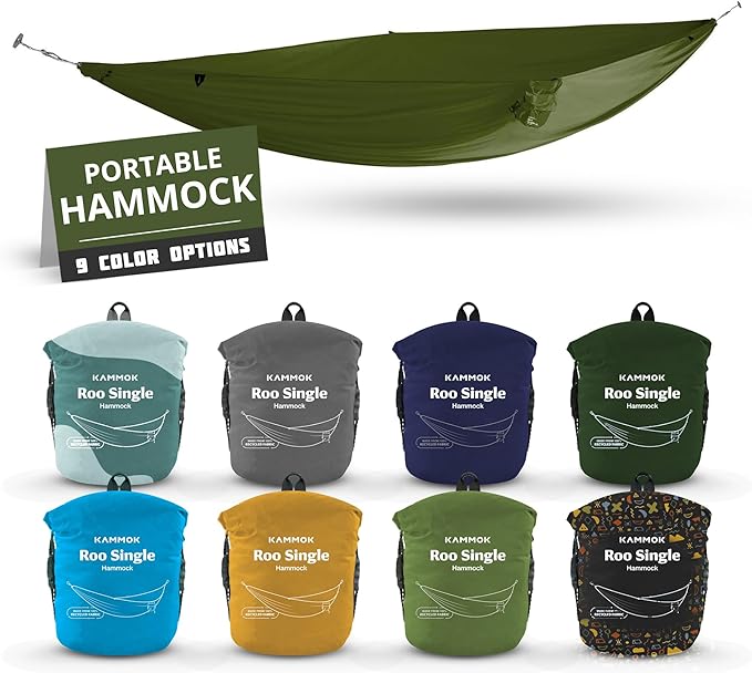 KAMMOK Roo Single UL - Ultralight Camping Hammock, Water Repellent, Portable, Durable, Indoor/Outdoor Hammock Moss Green