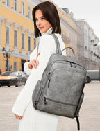 Leather Backpack for Women, Fits 15.6 Inch Laptop, Soft Vegan Leather Backpack for Travel and Daily Use, Grey