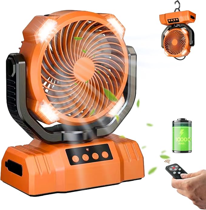 20000mAh Camping Fan with LED Lantern, 360° Oscillation, Remote Control, 4 Speed & Timer, Rechargeable Battery Powered Fan for Tent, Outdoor, Travel, Hurricane, Emergency, Power Outage(Orange)
