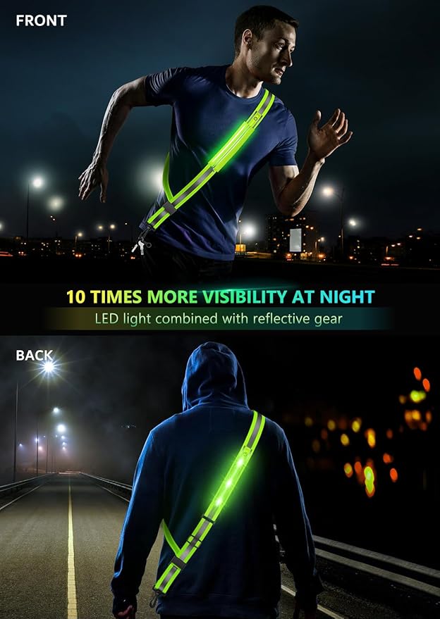 LED Reflective Belt Sash for Walking at Night, Night Running Safety Gear High Visibility Rechargeable LED Light Up Running Belt for Runners Walkers Men Women
