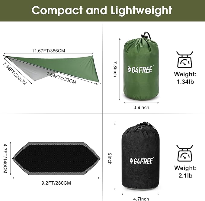 G4Free Camping Hammock with Net and Rain Fly, 2 Person Lightweight Portable Hammock Tent with Tarp for Camping Hiking Backyard Outdoor Backpacking Travel