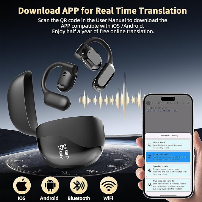 Ai Language Translation Earbuds, Translator Earbuds Real Time with APP Compatible with iOS & Android, 144-Language Bluetooth Headphones Translating Device for Travel and Business - Black