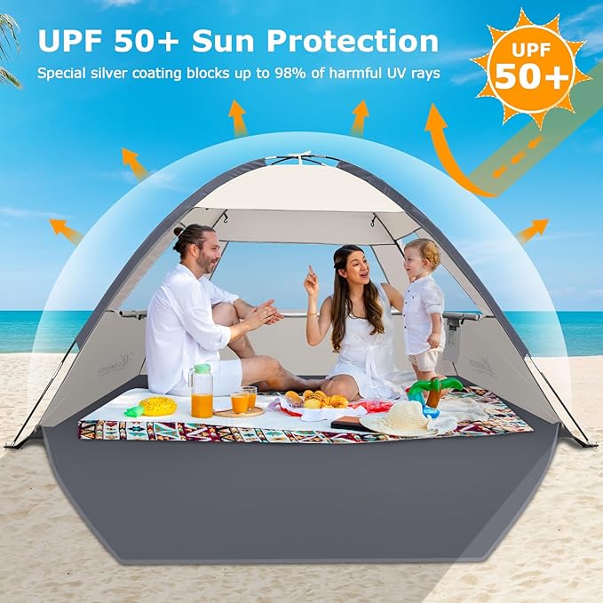 COMMOUDS Beach Tent Sun Shade for 3/4-5/6-7/8-10 Person, UPF 50+ Beach Sun Shelter Canopy Tent, Lightweight, Easy Set Up and Carry