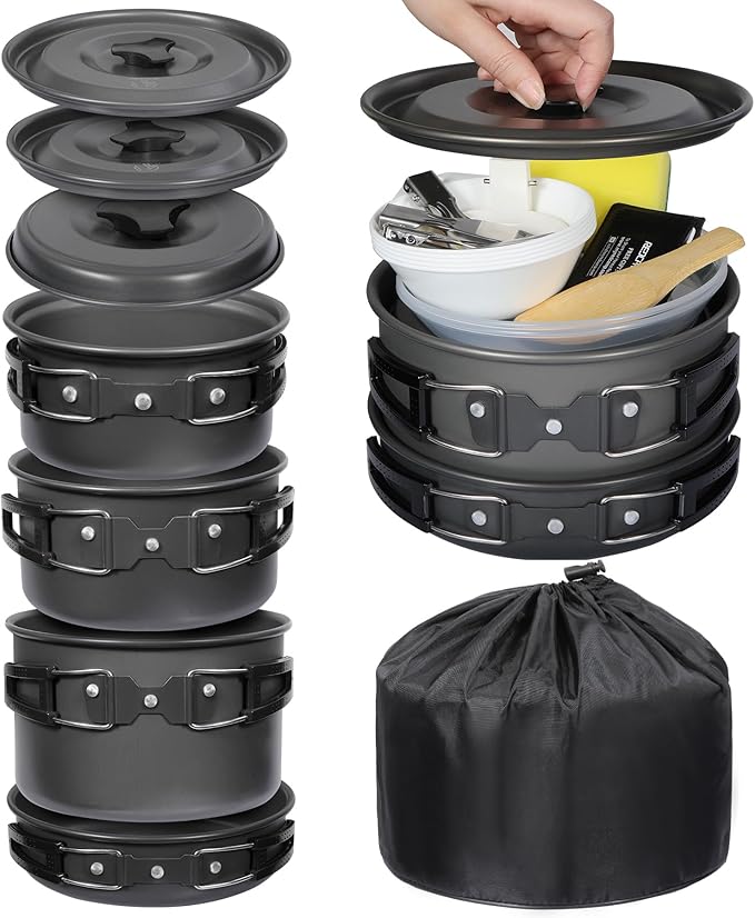 REDCAMP 6/10/11/12/14/15/19 PCS Camping Cookware Mess Kit Camping Gear Campfire Utensils Lightweight Stackable Pot Pan Bowls Soup Spoon with Storage Bag for Camping, Backpacking, Outdoor Cooking