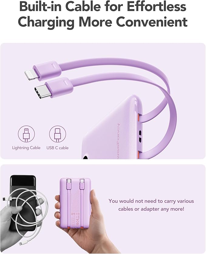 Mini Portable Charger with Built-in Cables 22.5W Fast Charging Power Bank USB-C Small Battery Pack 10000mAh Travel Essential Slim Battery for iPhone 17/16/15/14, Samsung 25/24, and More