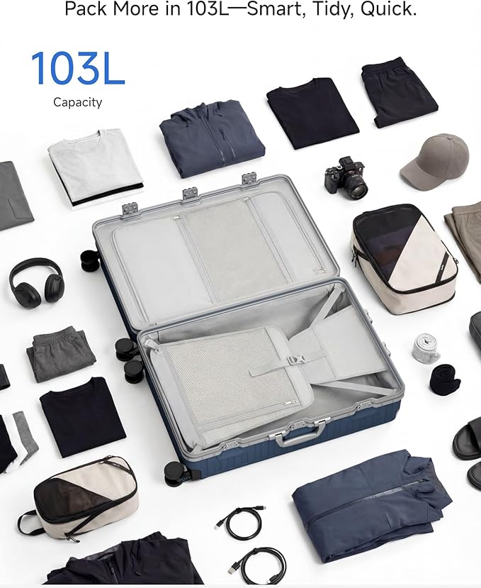Luggage Sets with Spinner Wheels, 8010S Aluminum Frame Zipperless Polycarbonate Hard Shell Suitcase Sets (ZX-Core, Silver, 2 Piece (20/28))