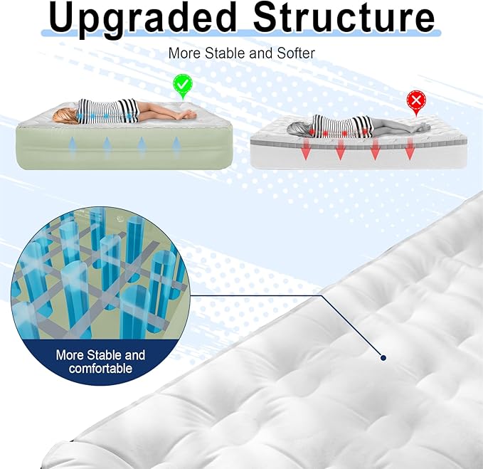 Queen Air Mattress wit with 1300mAh Battery Powered Pump,18"Raised Super soft and comfortable Dutch velvet fabric750lbs Support Portable Inflatable Mattress,Air Bed for Camping, Home and Guest-Green