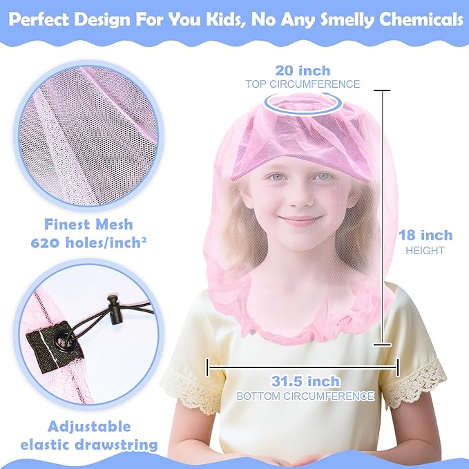 South to East Premium Girls Mosquito Head Net for Insect, 2 Pack, Fly & Bug Protection | Ultra Large & Long, Extra Fine Holes for Camping, Hiking, Fishing, Safari, Fits All Hats for 5-12 yrs, Pink