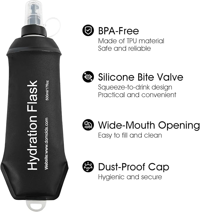 GYGYL Soft Flask, TPU Collapsible Soft Water Bottle for Hydration Pack, Running Vest, Leak-Proof Folding Water Bottle for Hiking Cycling Climbing Jogging-500ml Black