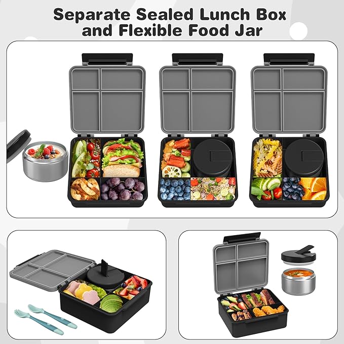 Bento Lunch Box with 8oz Soup Thermo, Kids Leakproof Lunch Food Containers with 4 Compartment, Kids Thermo Insulated Hot Food Jar for School, Trvael (Grey)