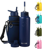 40 Oz Water Bottle with Strap Stainless Steel Sports Water Bottle with 3 Lids (Straw, Chug and Flip Lid) Insulated Leak Proof Metal Jug for Men & Women - Navy Blue