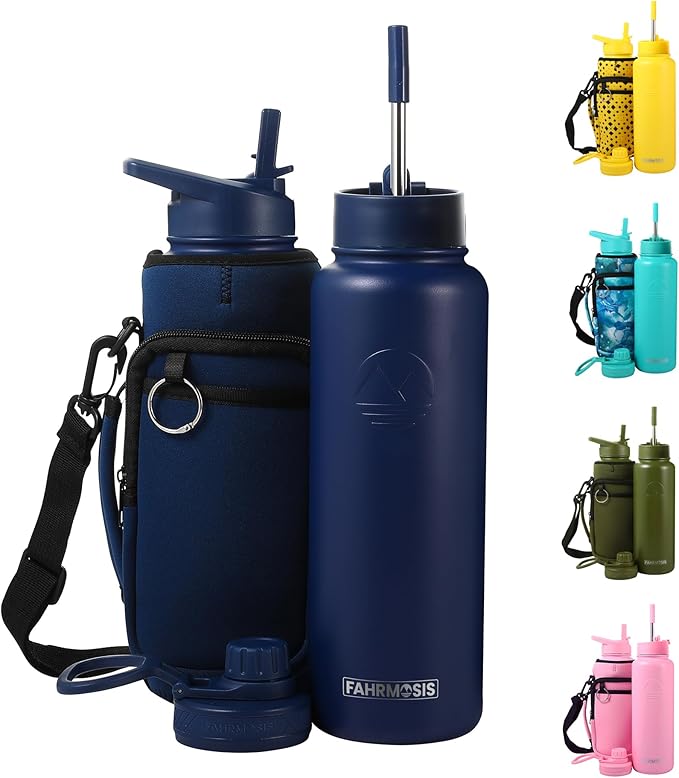 40 Oz Water Bottle with Strap Stainless Steel Sports Water Bottle with 3 Lids (Straw, Chug and Flip Lid) Insulated Leak Proof Metal Jug for Men & Women - Navy Blue
