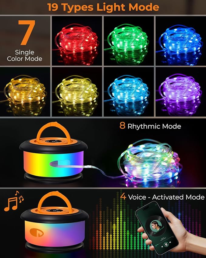 Camping String Lights, Retractable 32.8ft RGB Flash Lamp, Rechargeable LED Fairy Lights Outdoor Waterproof, Portable Hanging Lantern for Outside Tent Patio Awning Garden RV Essentials