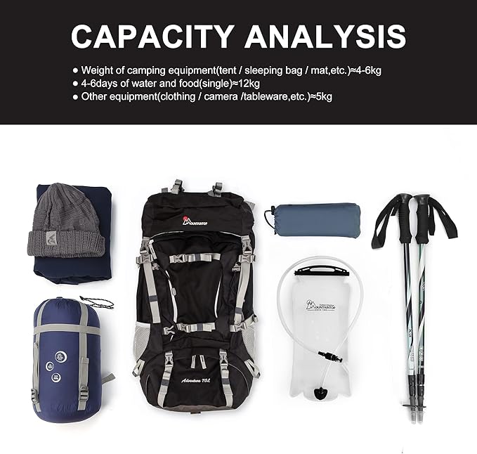 MOUNTAINTOP 70L Internal Frame Backpack Camping Backpacking Hiking Backpack for Men Women with Rain Cover