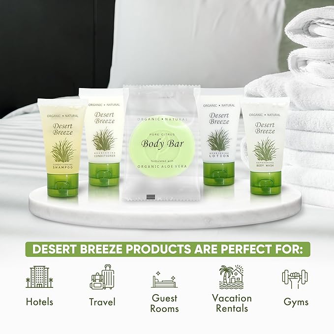 Travel Size Hotel Toiletry Set 150 Count 1 oz Bottles Guest Amenities for Vacation Rentals and Short Term Rentals Paraben Free Green Tea Lemongrass Scent Infused with Aloe and Olive Oil |Desert Breeze