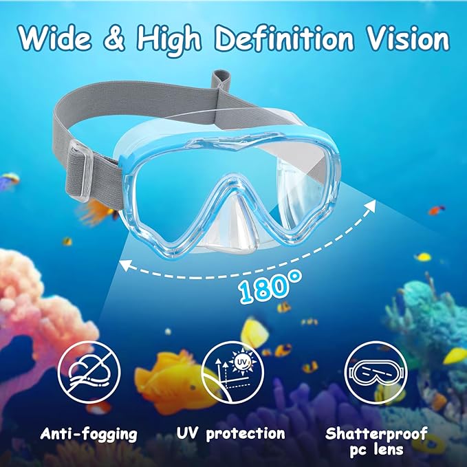 Vvinca Snorkeling Gear for Kids Dry Top Kids Snorkel Set for Boys Girls Junior Youth Children Age 4-14 Swim Goggles with Nose Cover Anti-Fog Panoramic View Adjustable Elastic Diving Mask and Snorkel