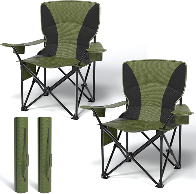 Heavy Duty Folding Chair 500LB Capacity, Oversized Camping Chairs with Cup Holder, Cooler Bag & Storage Pouch, Double-Layer Fabric, Outdoor Chairs for Sports, Lawn Chairs (2, Black Green, Extra Large)