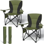 Heavy Duty Folding Chair 500LB Capacity, Oversized Camping Chairs with Cup Holder, Cooler Bag & Storage Pouch, Double-Layer Fabric, Outdoor Chairs for Sports, Lawn Chairs (2, Black Green, Extra Large)