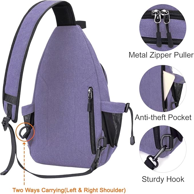 MOSISO Sling Backpack,Canvas Crossbody Hiking Daypack Bag with Anti-theft Pocket, Lilac