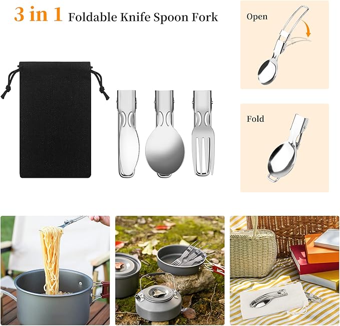 Camping Cooking Utensils Set, Stainless Steel Grill Tools, Camping BBQ Cookware Gear and Equipment for Travel Tenting RV Van Picnic Portable Kitchen Essentials Accessories