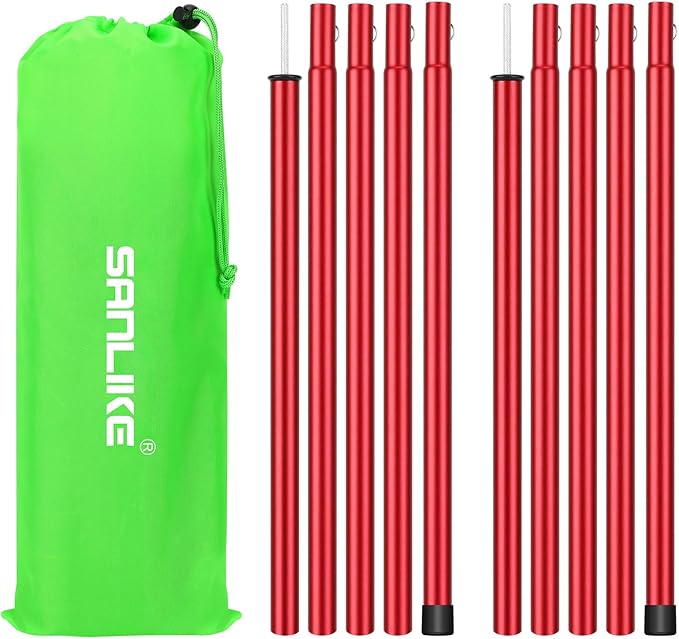 Tent Poles, SAN LIKE Aluminium Telescoping Adjustable Red Tarp Poles with Portable Bags, Heavy Duty Camping Tent Poles for Awnings Canopy Rain Fly Shelter Set of 2-(5 Sections with Adjustable Length)