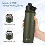 HASLE OUTFITTERS Insulated Water Bottle 22 oz Double Wall Stainless Steel Water Bottle Wide Mouth with Straw Lid & Spout Lid Keeps Cold or Hot(Army Green,8)