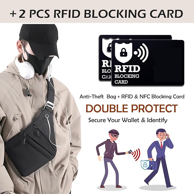 Anti Theft Crossbody Bags for Women Men, Multi-Pocket Shoulder Bag, Slim Sling Bags with 2 RFID Blocking Card