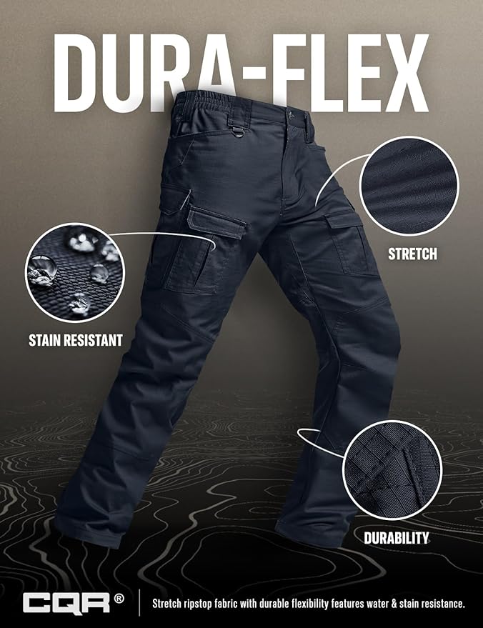 CQR Men's Flex Ripstop Tactical Pants, Water Resistant Stretch Cargo Pants, Lightweight EDC Hiking Work Pants