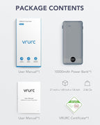 VRURC Portable Charger Built-in Cables and AC Wall Plug, USB C Power Bank 10000mAh, Travel Battery Portable Phone Charger Compact Lightweight External Battery Pack for Smart Phones, Tablets etc-Grey