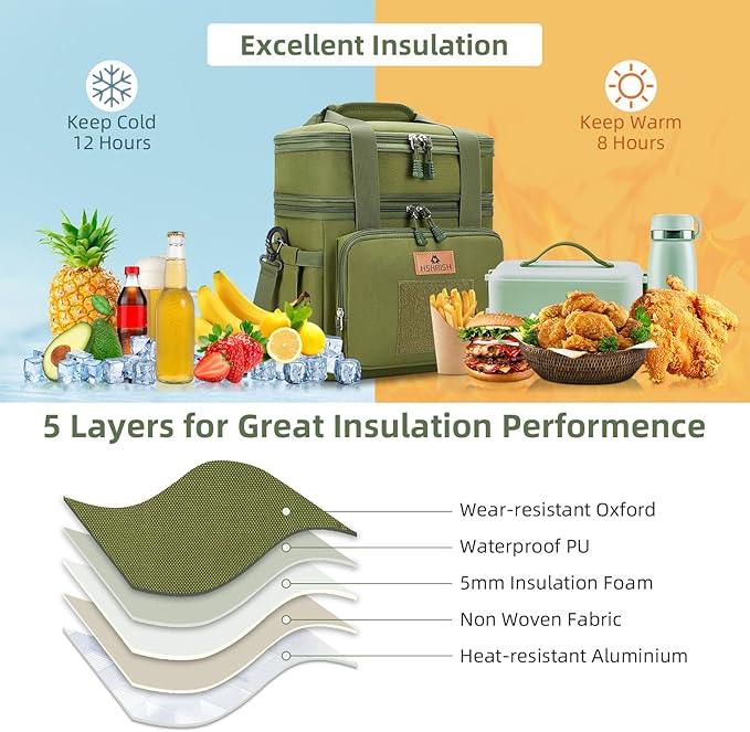 HSHRISH XLarge Expandable Tactical Lunch Box for Adults, Insulated Heavy Duty Lunch Pail, Leakproof Lunch Cooler for Men Work Outdoor Picnic Road Trip Camping, 36 Cans/22 L, Army Green