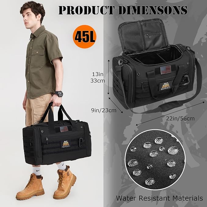 45L Large Duffle Bag for Men & Women, Tactical Military Duffle Bag for Travel Weekender, Gym Bag, Large Sports Bag for Hockey Football Baseball Soccer Basketball & Team Training, Black
