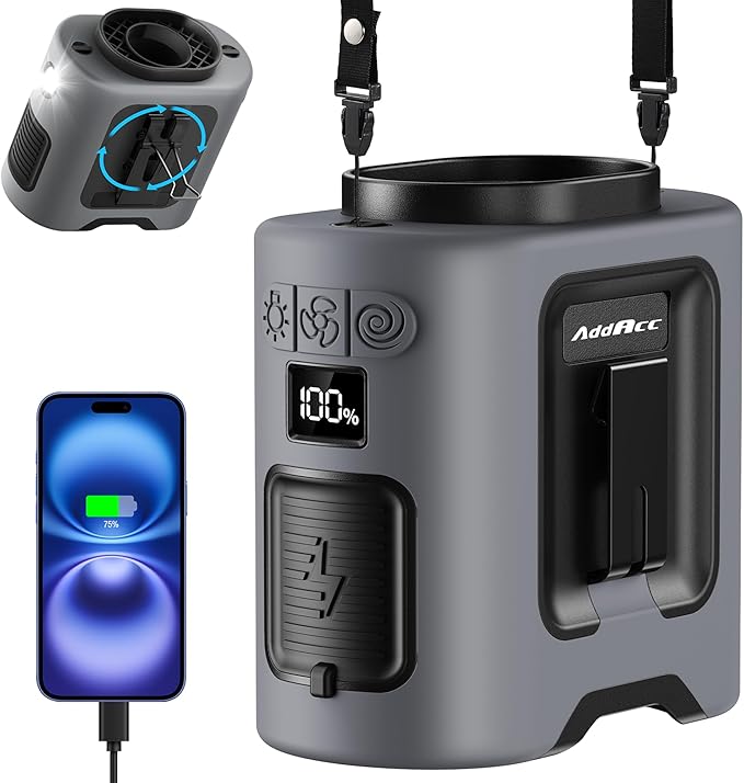 Portable Waist Fan - 14500mAh Rechargeable Battery, 67Hrs Cooling Belt Fan, 5 Powerful Speed & 360° Rotatable, Hands Free Clip On Waist With LED Light for Work Gift Camping Travel Outdoor