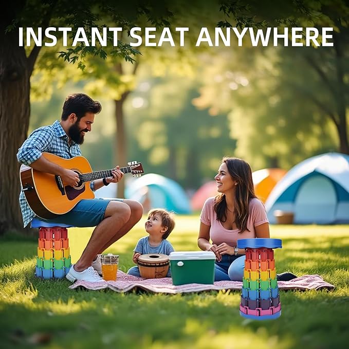 Upgraded Collapsible Stool - Adjustable Height (2.3"-17.3") -Second Fold, Portable Heavy Duty Folding Stool for Adults, 600lb Capacity - Compact to-Go Camping, Fishing, Outdoor Seat (Black+Color)