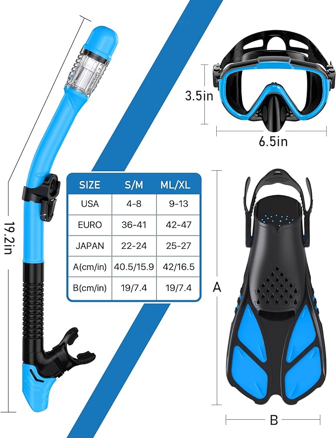 Snorkeling Gear for Adults Men Women,4 in 1 Snorkel Set with Panoramic View Diving Mask Anti-Fog Anti-Leak,Dry Top Snorkel,Fins and Travel Bag for Swimming,Snorkeling and Travel Diving