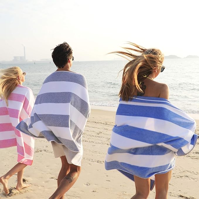 HENBAY Cotton Oversized Beach Towel - Large 70 x 35 Inch Pool Towel, Smoke Blue Striped Quick Dry Swimming Cabana Towel