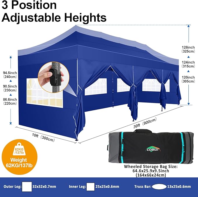COBIZI 10x30 Pop up Canopy Tent 10x30 Canopy with 8 Sidewalls Waterproof Heavy Duty Commercial Canopy Tent for Parties Outdoor Garden Gazebo, Carry Bag with Wheel(10x30ft, Dark Blue)