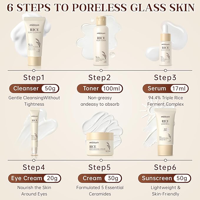 11PCS Rice Skincare Set, Korean Hydrating Skin Care for Girls Teens Women, Cleanser Toner Dual Serum Cream Eye Cream Sunscreen with Ice Roller & Headband Wristband, Daily Skincare Routine Kit
