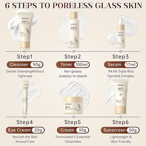 11PCS Rice Skincare Set, Korean Hydrating Skin Care for Girls Teens Women, Cleanser Toner Dual Serum Cream Eye Cream Sunscreen with Ice Roller & Headband Wristband, Daily Skincare Routine Kit