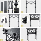 2ft Roll Up Camping Table, 2 Adjustable Heights Aluminum Folding Camping Table with Storage Net and Bag, Waterproof, Lightweight Outdoor Table 25” X 16”, for Outdoor Travel BBQ Picnic, Black