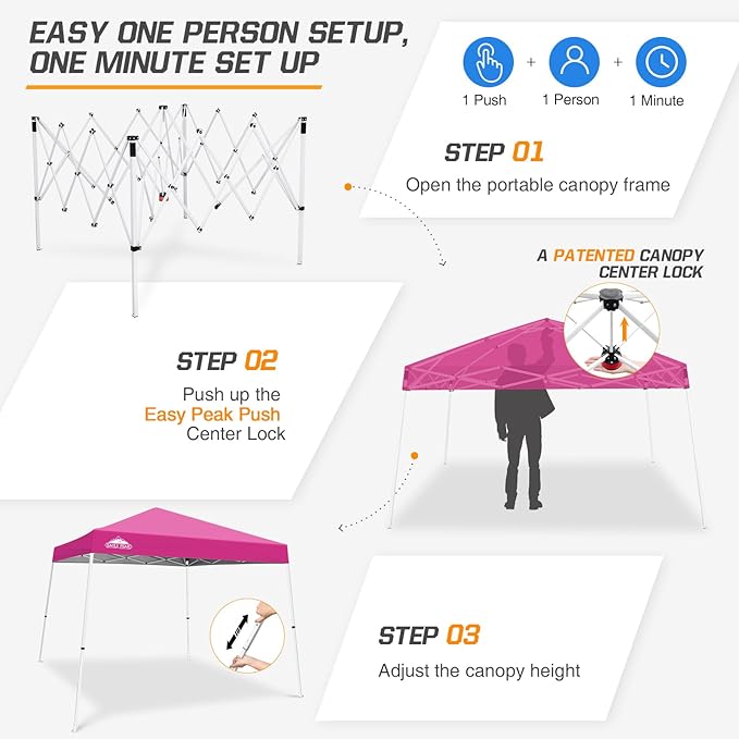 EAGLE PEAK 10x10 Slant Leg Pop-up Canopy Tent Easy One Person Setup Instant Outdoor Beach Canopy Folding Portable Sports Shelter 10x10 Base 8x8 Top (Pink)