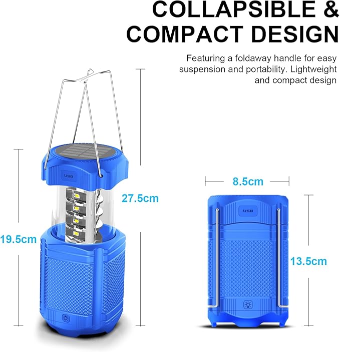 Camping Lantern 5000mAh Solar Hand Crank Telescopic LED Flashlight USB Charger for Power Outages ,Portable Rechargeable Battery Powered Operated Lanterns Lamp, Camping Gear Accessories (Blue)