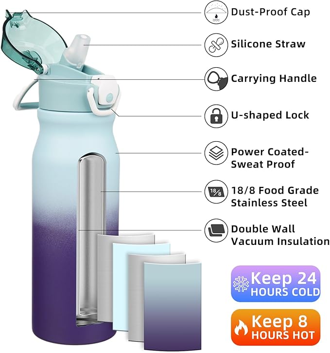 BJPKPK Stainless Steel Insulated Water Bottle With Straw Lid 25oz Reusable Metal Thermo Bottles Keep Cold And Hot,Ocean Dream