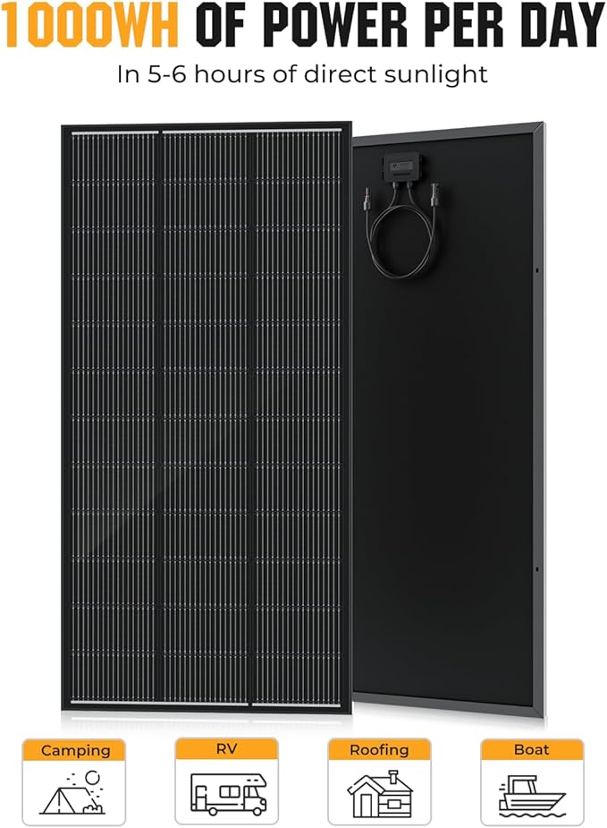 200 Watt Solar Panel 18BB, 25% High Efficiency, N-Type 12V 200W Solar Panel, Monocrystalline PV Modules, for Rooftop, RV, Farm, Trailer, Marine, Home Off-Grid System