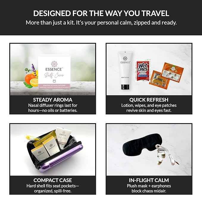 Essence Travel Amenity Kit | Travel Essentials & Travel Size Toiletries Kit | 5-Pack Nasal Diffuser Rings, Sleep Mask, Lotion & Hygiene Kit | Travel Toiletry Kit for Women | Gray Case